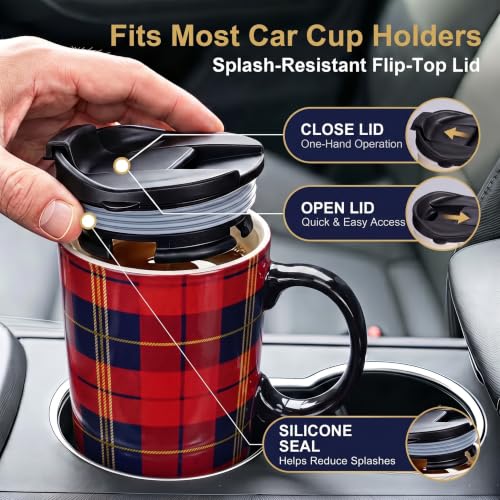 Topadorn 17oz Ceramic Travel Mug with Red Tartan Plaid Lid - Gift Box