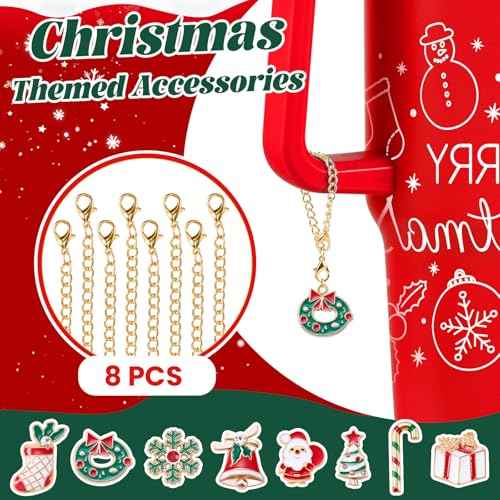 8 Set Tumbler Charms Christmas Themed Cup Charms Accessories Wreath Bells Santa Christmas Tree Candy Bar Handle Charm for Mugs Cup Compatible with 20 30 40 oz Tumblers