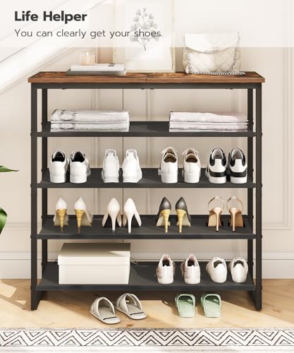 5-Tier Shoe Rack Organizer with Oxford Fabric Shelves and Rustic Brown Top Panel - 29.5 x 11.2 x 29.5 Inches, Black & Brown Variation