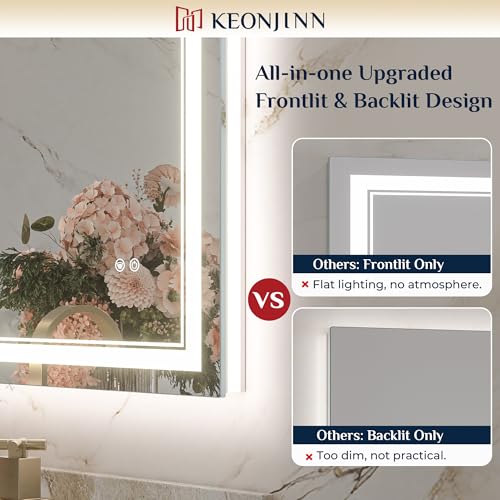 Keonjinn 22 x 32 Inch LED Bathroom Mirror with Backlit & Frontlit, Tempered Glass, Dimmable, Defogging, Wall Mount
