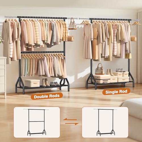Heavy Duty Double Rod Clothing Rack - 82.68 Inch Garment Organizer with Shelves, Black, Supports 622 lbs