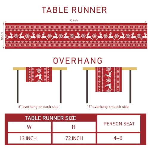 Reindeer Red Christmas Table Runner 72 Inches Long - Faux Linen Holiday Decor