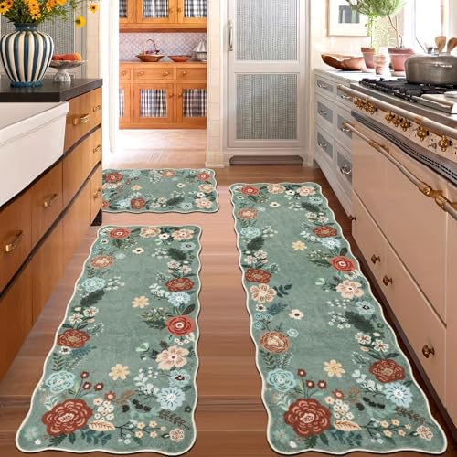 Homcomoda Grass Green Floral Kitchen Rugs 3PC Set Non Slip Washable Floor Mats