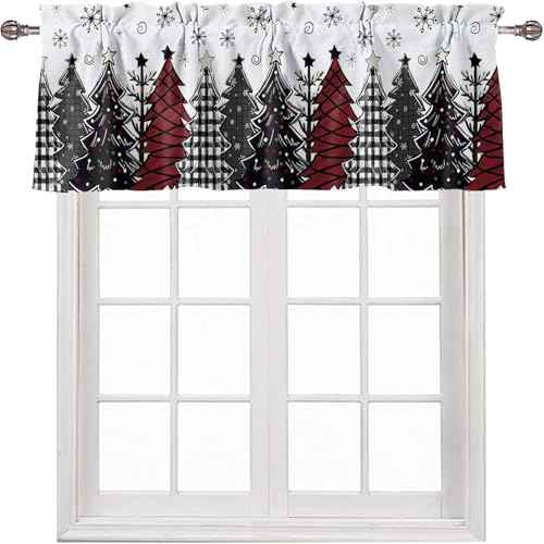 Christmas Valances for Windows Red Black Xmas Tree Snow Rod Pocket Cafe Window Treatments Valance Curtains for Kitchen Bathroom Bedromm Laundry Basement Windows 42" x 12"