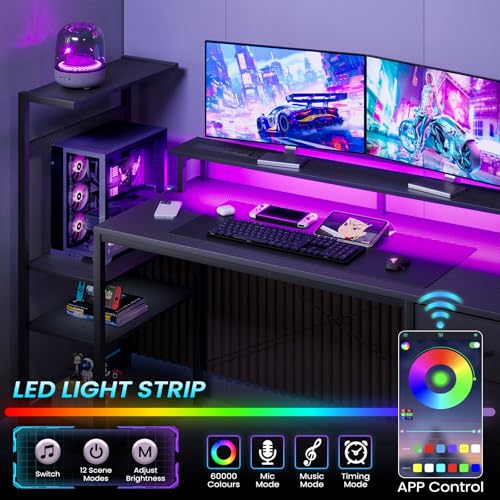 51-Inch Gaming Computer Desk with Drawers, Power Outlet & LED Lights - Black Variation