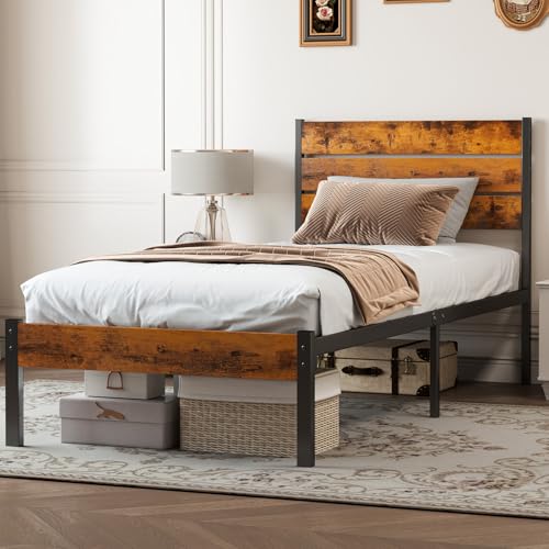 Sweetcrispy Twin Sturdy Wood Bed Frame with Headboard, 500LBS Heavy