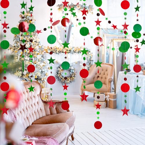 JijAcraft 52ft Christmas Glitter Star Garland – Green & Red Hanging Banner