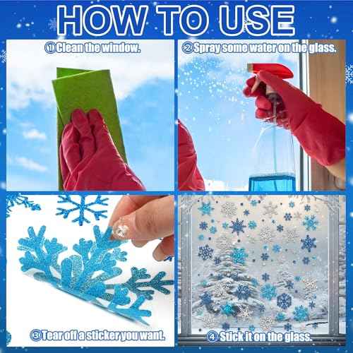 9 Sheets Glitter Snowflake Window Clings Christmas Window Decals Blue Silver Snowflake Windows Stickers Double-Sided Winter Windows Clings for Xmas Winter Holiday Wonderland Party Home Glass Decor