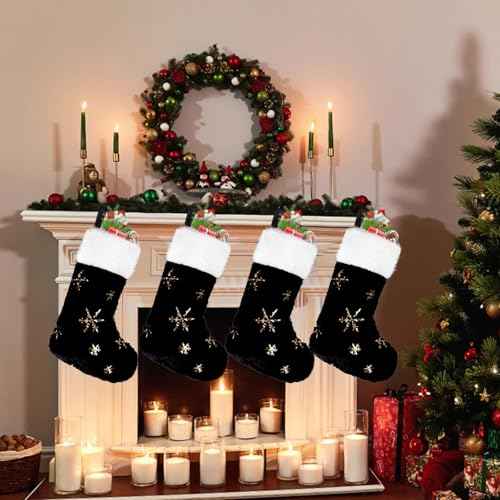 CCINEE 4PCS Black Christmas Stockings,18 Inch Large Plush Faux Fur Xmas Stocking with Golden Snowflake Sequin Glitter Snowflake Hanging Stocking for Christmas Tree Wall Fireplace Home Decoration