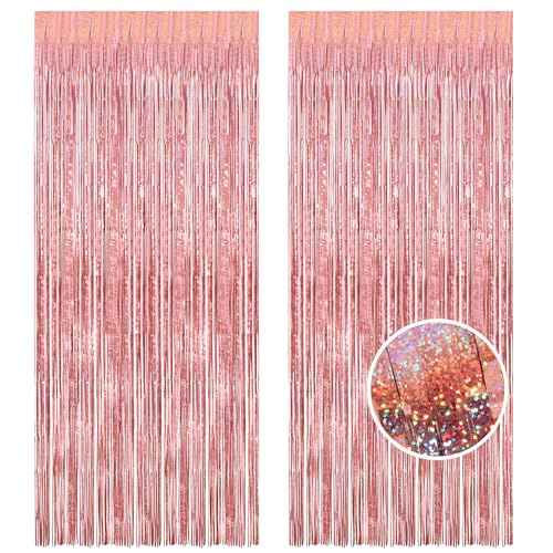 BRAVESHINE Rose-Gold Metallic Tinsel Backdrop - 2Pcs 3.2x8.2ft Metallic Tinsel Foil Fringe Curtains Photo Booth Streamers for 21-st Birthdays Bachelorette Engagement Bridal Shower Party Decorations