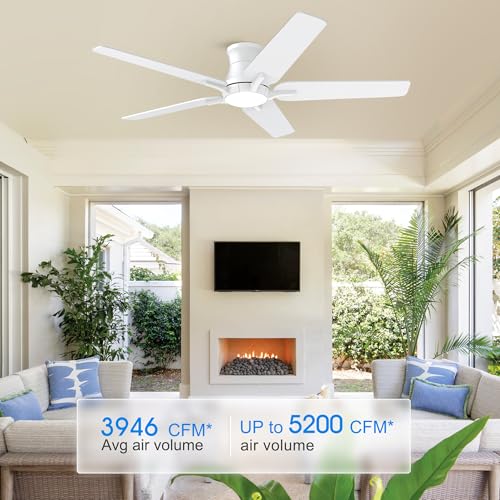 White 52-Inch Ceiling Fan with Lights and Remote - Flush Mount, Dimmable, Reversible, Quiet for Bedroom & Living Room