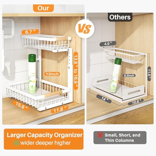 PXRACK Large White 2-Pack Under Sink Organizer - Adjustable 2-Tier Pull-Out Cabinet Storage for Kitchen & Bathroom