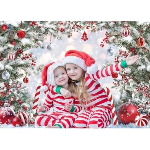 Christmas Candy Cane Backdrop Xmas Tree Winter Snow Scene Photography Background Merry Christmas Holiday Party Decorations Banner Booth Props (7x5FT(82x59 inch))