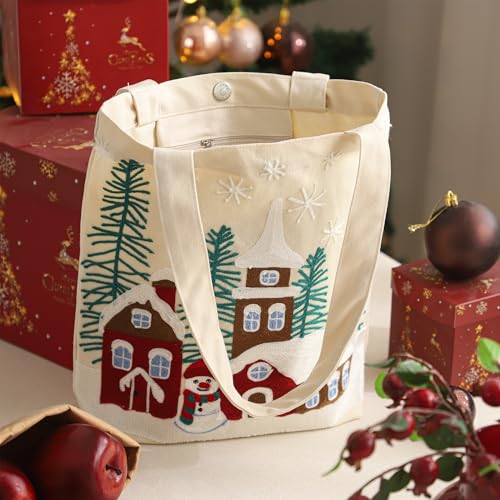 Christmas Embroidery Canvas Tote Bag Cute Reusable Gift Bags for