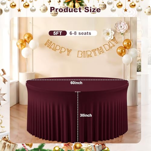 4 Pack Burgundy Round Tablecloth with Skirt, 60 Inch Elastic Fitted