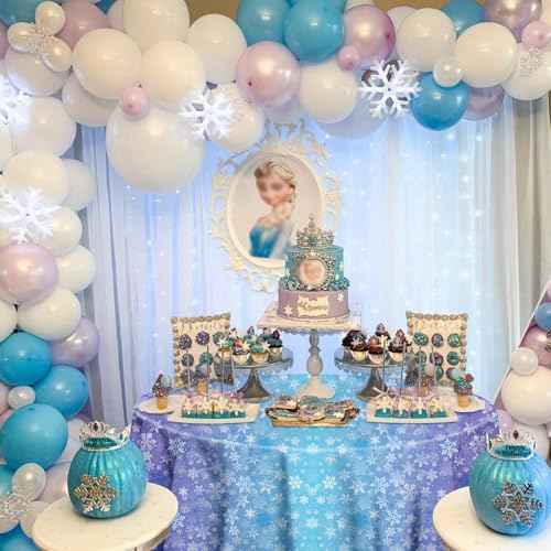 3 Pack Snowflake Tablecloths for Round Table, 84x84'' Blue Purple Plastic Cover, Winter Wonderland Party Decorations for Girls Princess Party, Christmas Holiday
