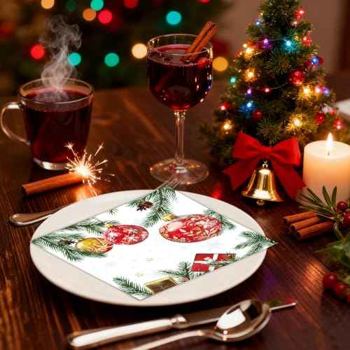 50PCS Christmas Paper Napkins - Disposable Xmas Balls Holiday Napkins Snowflake Holly Pine Cone Paper Napkins for Dinner Table Decor Party Supplies