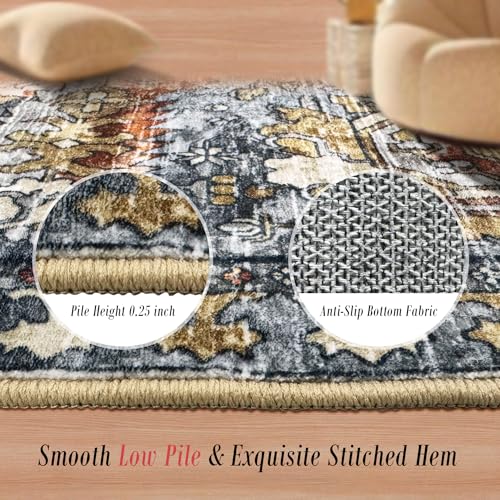RUGSURE Washable Area Rug 8x10 ft Vintage Tribal Turmeric & Grey Non-Slip