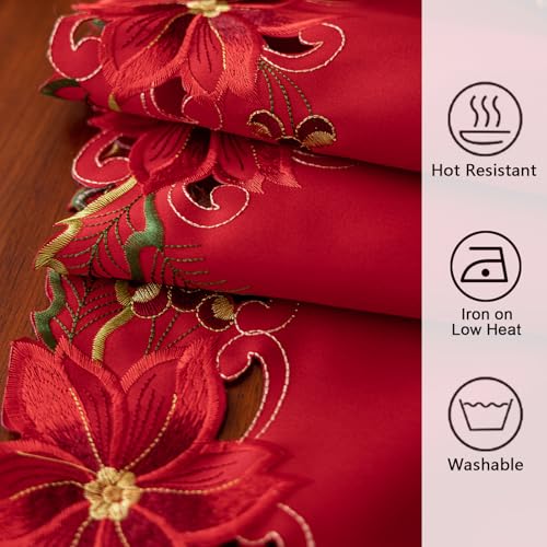 Joyfol Day Christmas Red Embroidered Table Runner 14x86 Inch - Poinsettia Holly Leaves & Acorns Holiday Decor