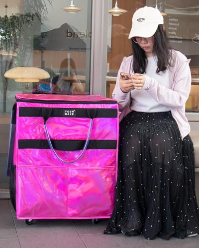 Large Glitter Pink Reusable Grocery Bag with Wheels - Foldable Rolling Tote