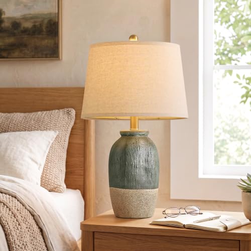 22.5-Inch Green & Earthy Yellow Ceramic Table Lamp for Bedroom & Living Room - Boho Nightstand Light - Handmade