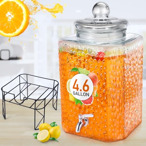 4.6 Gallon Glass Beverage Dispenser with Stand and Stainless Steel Spigot - Leakproof Iced Drink Jar for Weddings & Parties - Clear