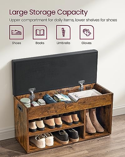 VASAGLE Storage Bench with Cushion, Shoe Storage, Rustic Brown + Ink Black, 31.5"W