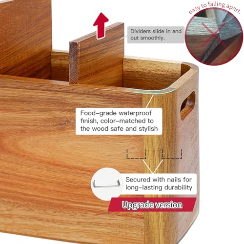 Acacia Wooden Kitchen Utensil Holder Organizer - Large 4-Compartment Rustic Countertop Storage - Extra Large