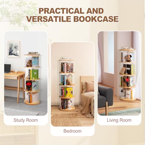 TAKEKIT 4-Tier Natural Round Rotating Bookshelf with Clear Acrylic, 360° Spinning Tower