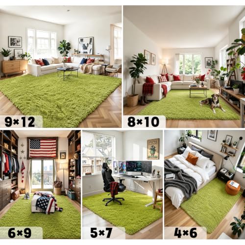 8x10 Green Shaggy Plush Area Rug - Large Furry Carpet for Living Room