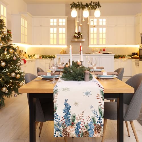 Winter Frosty Roses Table Runner 13x36 in Pine Branch Berry Burlap | Cloudfomila — Christmas Holiday