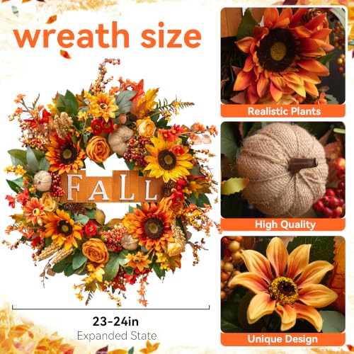 Fall Sign Wreath - 24 Inch Autumn Front Door Decor with Fall Elements & Harvest Sign