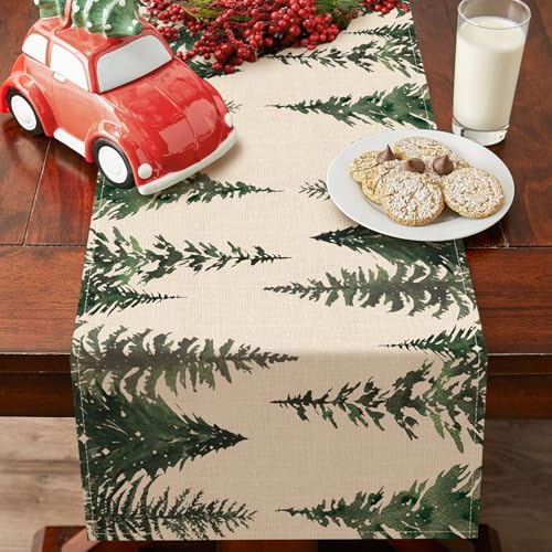 Croar Pine Trees Christmas Table Runner 13x72 in - Burlap Look