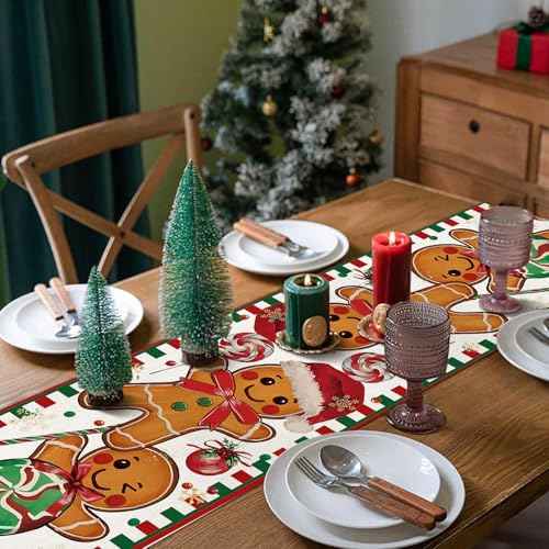 Gingerbread Candy Cane Christmas Table Runner, Christmas Runner for Table, Seasonal Winter Kitchen Dining Table Decoration for Home Party Decor 13x72 Inch