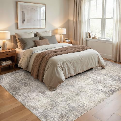 Cotiled 9x12 Area Rug for Living Room - Abstract Washable Carpet, Brown & Grey