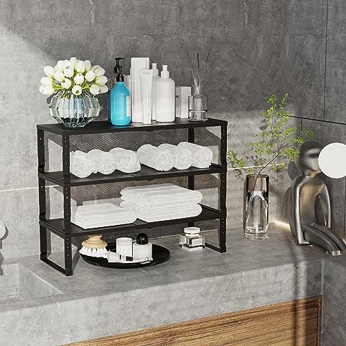 Expandable Stackable Metal Kitchen Organizer with Adjustable Shelves - Large Black 10.24"D x 16.6"~26.5"W x 6.1"/7.5"H
