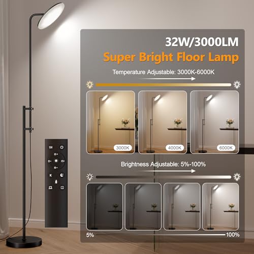 Bright Floor Lamp - Tall Standing Lamp for Living Room, Black, 32W