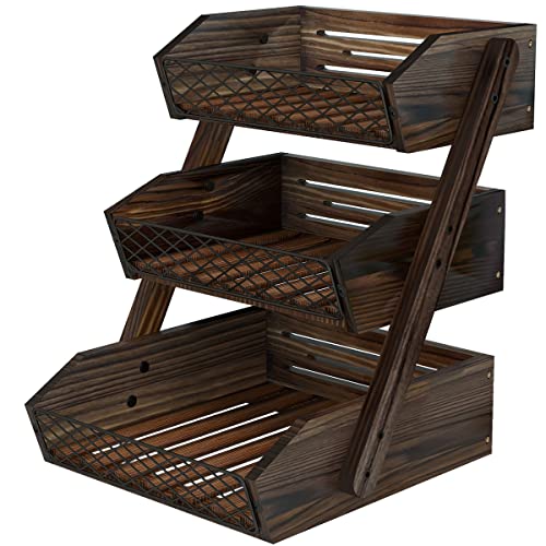 Dorhors 3-Tier Fruit Basket for Kitchen Counter Organizer, Metal Mesh & Wood Stand