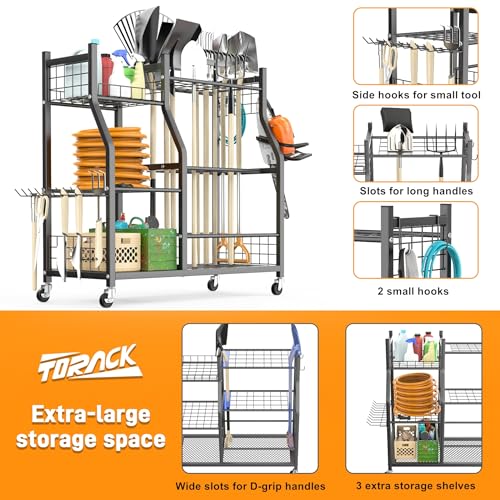 TORACK Garden Tool Organizer with Wheels & Extra Shelves – Rakes & Shovels Storage Stand