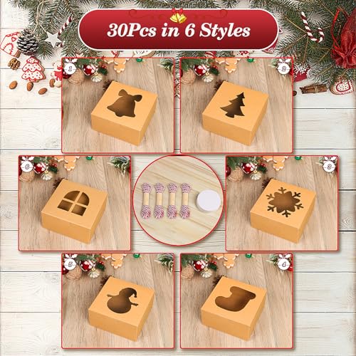 COTOPHER 30 Pcs Christmas Cookie Gift Boxes with Window, Brown, 6x6x3 Inches