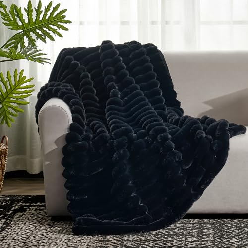 Black Faux Fur Throw Blanket 50x60 Inches Cozy Plush Sofa & Bed Accessory
