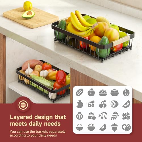 Black 2-Tier Fruit Basket with Banana Hangers, Detachable Metal Bowl