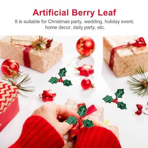 Ciieeo 100pcs Holly Berries with Green Leaves Artificial Berries Faux Berry Flowers with Green Leaves for Christmas Wreath Arrangement DIY Hanging Ornament