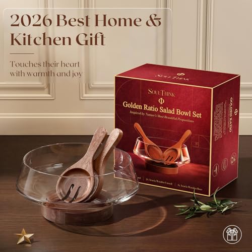 Golden Ratio Extra Large Crystal Glass Salad Bowl Set with Acacia Wooden Servers & Base - Hosting Essentials