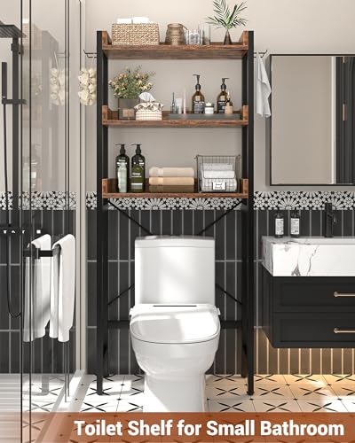 Ecoprsio Rustic Brown Over-The-Toilet Bathroom Storage Rack 3-Tier Organizer with Hooks
