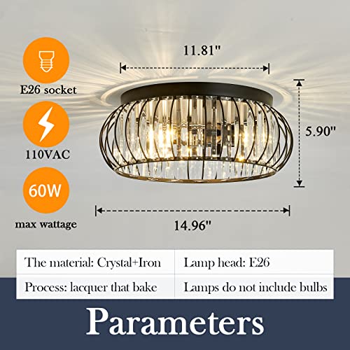 Black 3-Light Flush Mount Ceiling Light Fixture Modern Crystal Chandelier Indoor Lighting