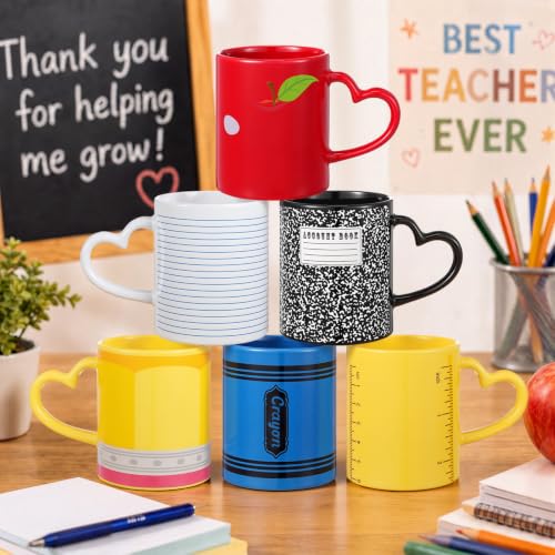 Back to School Colorful Teacher Mug Set of 6 - 10oz Ceramic Coffee Cups with Heart Handles