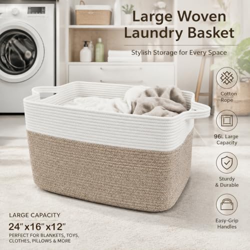 96L Laundry Basket with Handles - Extra Large Blanket & Toy Storage - White & Brown