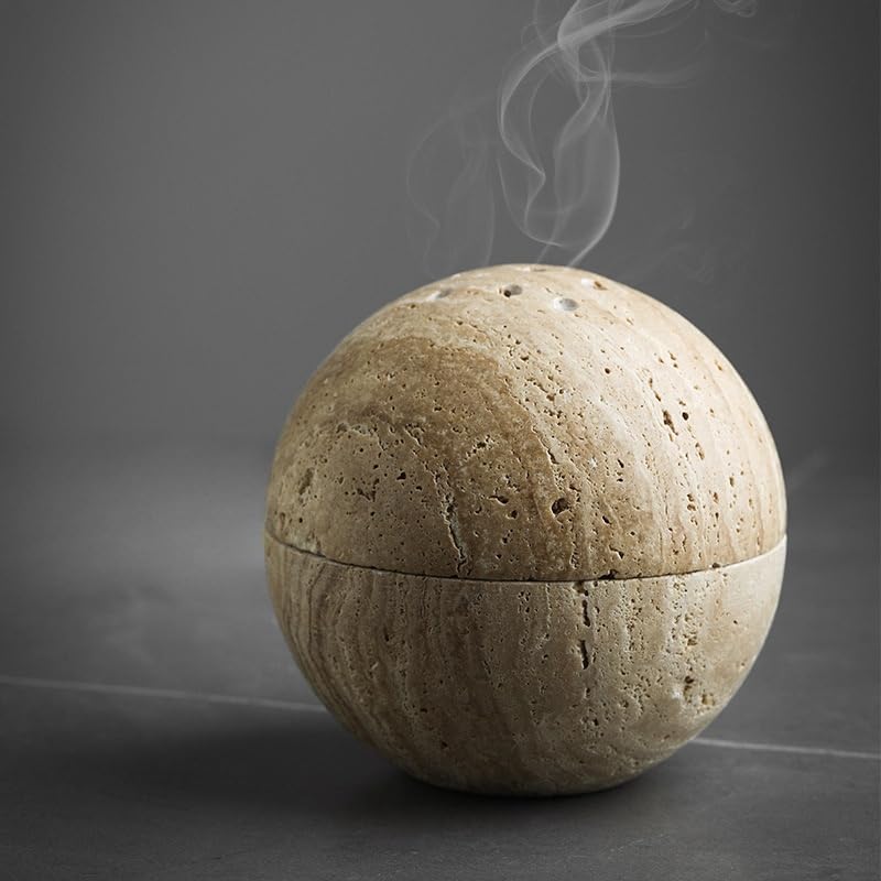 Natural Travertine Stone Incense Burner with Brass Insert - Light Beige Handmade Home Decor & Relaxation
