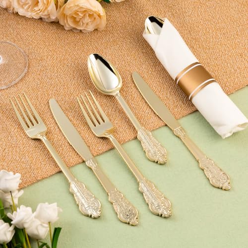 Gold Plastic Silverware Set with 100 Pre-Rolled Napkins - Vintage Design, Heavy Duty, Disposable for Parties & Weddings - Gold / 100